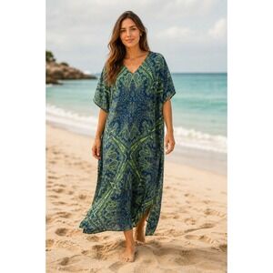 Kim Gravel Green Blue Kaftan Dress Size M Boho Hippie Eclectic Resortwear Artsy